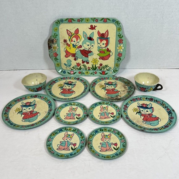 Vintage J. Chein Bunny Rabbit 1 Serving Platter, 8 Plates and 2 Cups Litho Tin